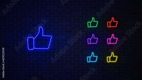 like neon icon set. Glowing social media thumbs up. Vector illustration