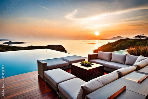 Luxury house hotel patio iwith terrace and sea view. Vacation relax calm evening party vibe. Sunset on the beach © indofootage