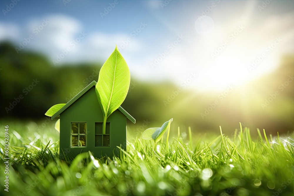 The image portrays a conceptual representation of a green home and environmentally friendly construction. It includes a house icon placed on a lush green lawn, with the sun shining overhead - obrazy, fototapety, plakaty 
