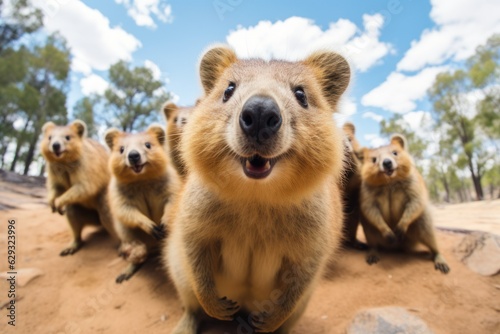 Group of Quokkas in Australian Savanna with Cloudy Sky, GoPro Groupe portrait