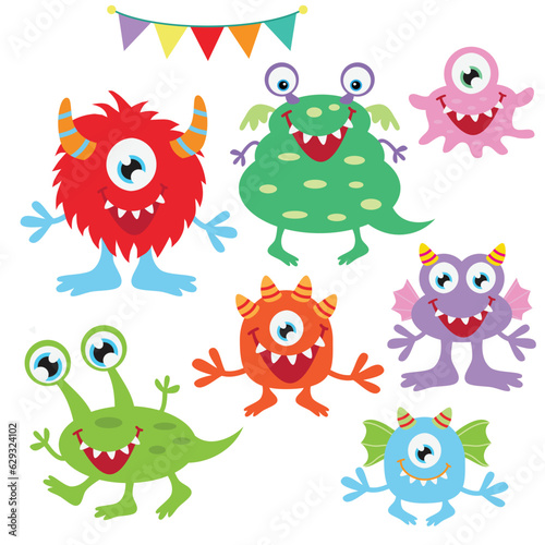 Funny colorful monsters set vector cartoon illustration