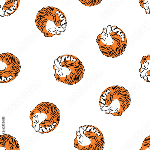 Sleeping tigers seamless pattern. Hand drawn abstract wild animals lying curled up  funny doodle striped cats. Vector illustration isolated on background
