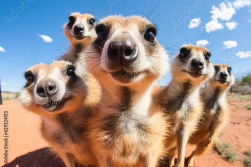 Curious Meerkats group with Happy Expressions Looking at GoPro Camera in the Savanna © 18042011