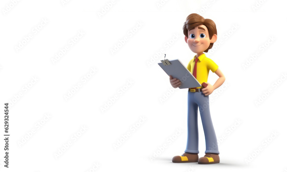 Cartoon character, young Caucasian cute guy wears yellow shirt, blue tie, holds clipboard, looks at camera, on white background