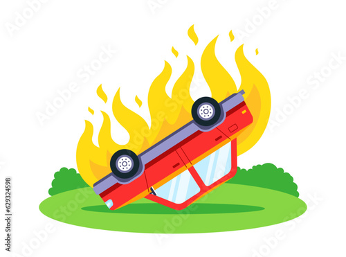 overturned burning car on the street. flat vector illustration.