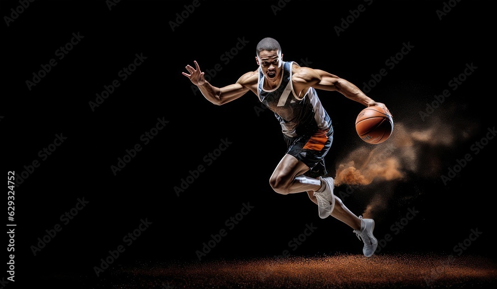 Single basketball player on dark background, as an action shot of a professional athlete in motion, showcasing their skill and athleticism in their respective sport