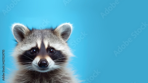 Advertising portrait, banner, straight look racoon gray color, isolated on blue background
