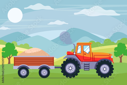 a tractor with a cart rides in the countryside. flat vector illustration.
