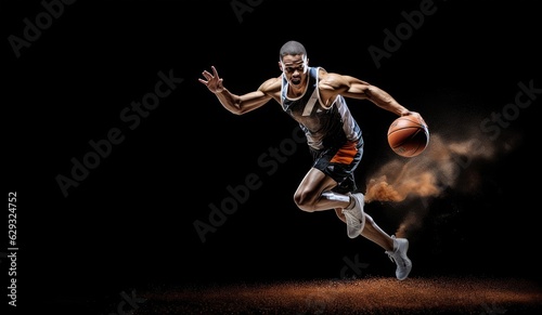 Single basketball player on dark background, as an action shot of a professional athlete in motion, showcasing their skill and athleticism in their respective sport © 18042011