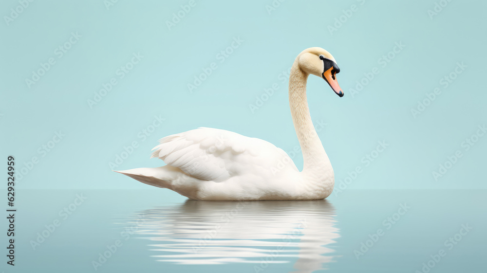 Advertising portrait, banner, swimming beautiful white swan, isolated on light blue background Advertising portrait, banner, swimming beautiful white swan, isolated on light blue background