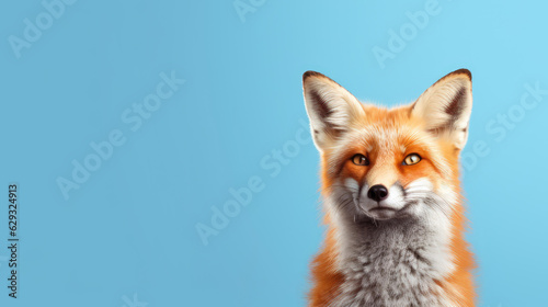 Advertising portrait, banner, beautiful fox with redhead fur, isolated on blue background