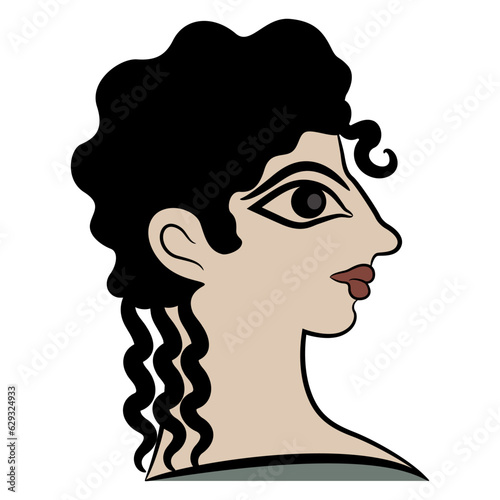 Head of Cretan Minoan girl. Female portrait in profile. Pretty woman or goddess. La Parisienne fresco from Knossos. Isolated vector illustration.