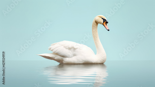 Advertising portrait, banner, swimming beautiful white swan, isolated on light blue background