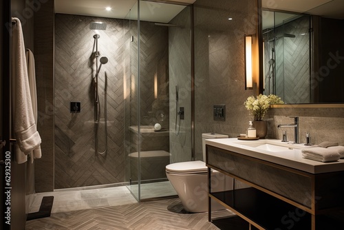 Foto The ensuite bathroom features a contemporary design with a herringbone tiled shower wall made from marble mosaic