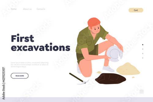 First excavation landing page with man scientist character during archaeological research work