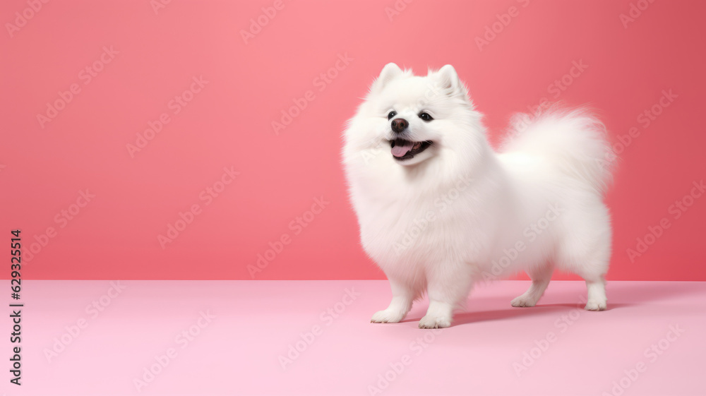 Advertising portrait, banner, funny white fluffy spitz dog with open mouth, isolated on red background