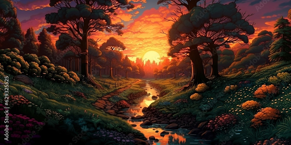 Abstrakter und magischer 2D-Hintergrund. verzauberte idyllische Landschaft. generative KI Abstrakter und magischer 2D-Hintergrund. verzauberte idyllische Landschaft. generative KI