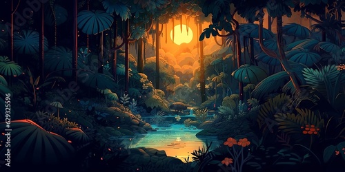 Abstrakter und magischer 2D-Hintergrund. verzauberte tropische Landschaft. generative KI © Meadow