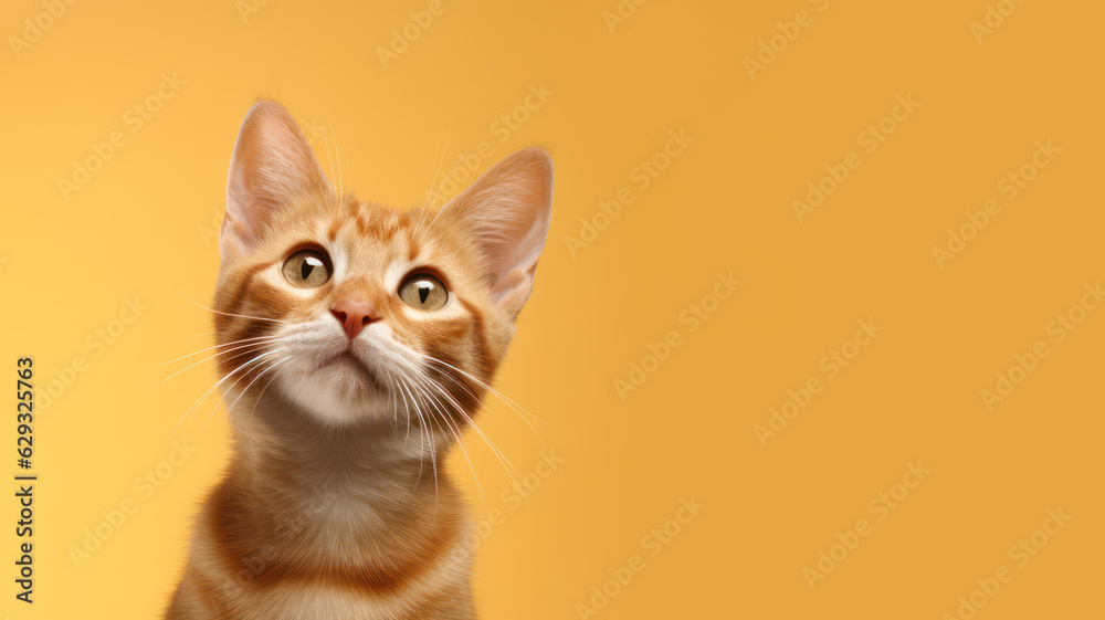 Advertising portrait, banner, wonder young cat redhead color, yellow eyes, straight look, isolated on yellow background