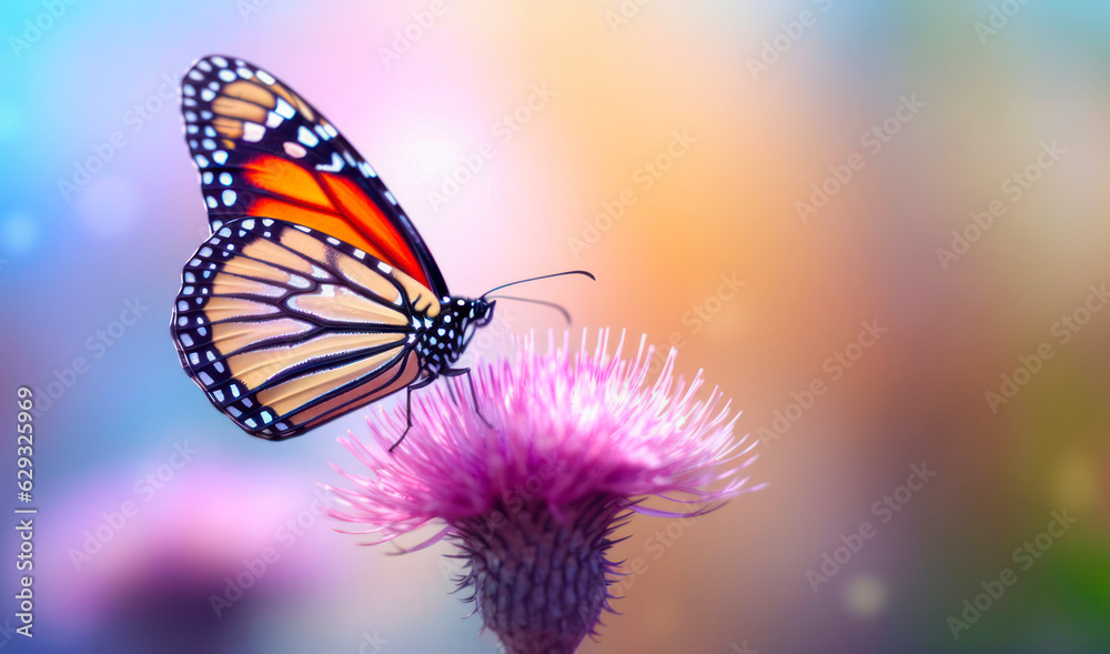 macro Photo of Monarch butterfly on single pastel flower. macro Photo of Monarch butterfly on single pastel flower.