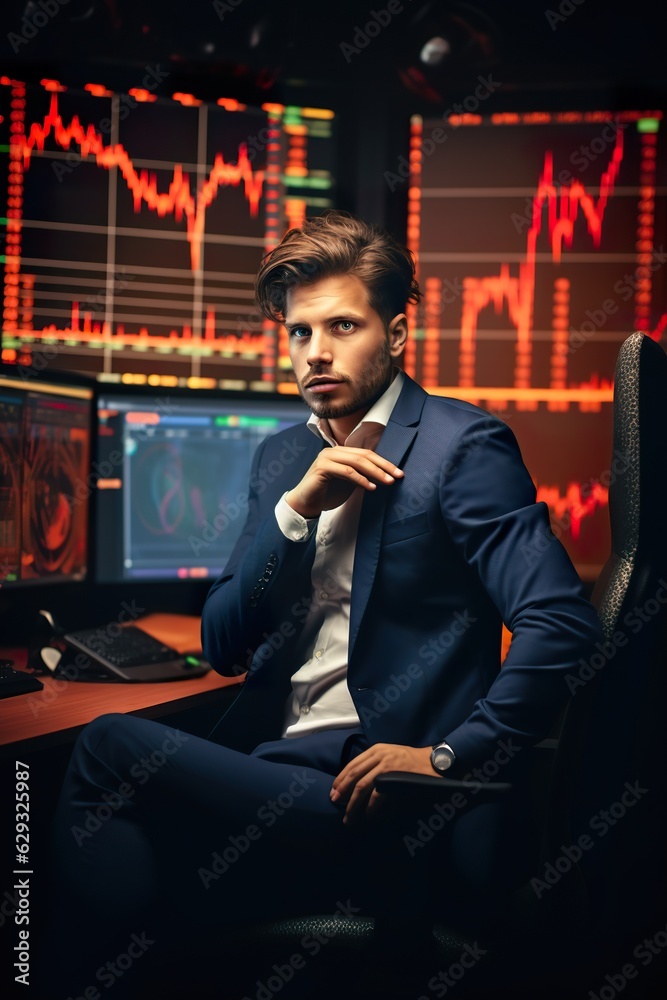 successful young man investor in office, stock or cryptocurrency trader with charts concept, generative AI successful young man investor in office, stock or cryptocurrency trader with charts concept, generative AI
