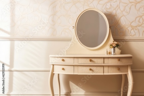 Fototapeta Vintage beige wooden dressing table with oval vanity mirror, AI