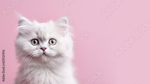 Advertising portrait, banner, funny young kitty white color, yellow eyes, fluffy wool, straight look, isolated on pink background