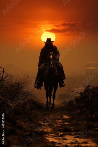 cowboy riding horse at sunset © Kanchana