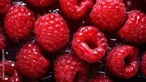 Close-up ivew of fresh perfect raspberries with water drops in top view on a dark background photo