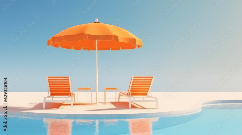 Orange sun parasol and pink beach chairs by pool, peaceful Orange summer concept with clear blue sky and water.