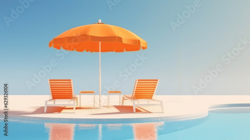 Orange sun parasol and pink beach chairs by pool  peaceful Orange summer concept with clear blue sky and water.