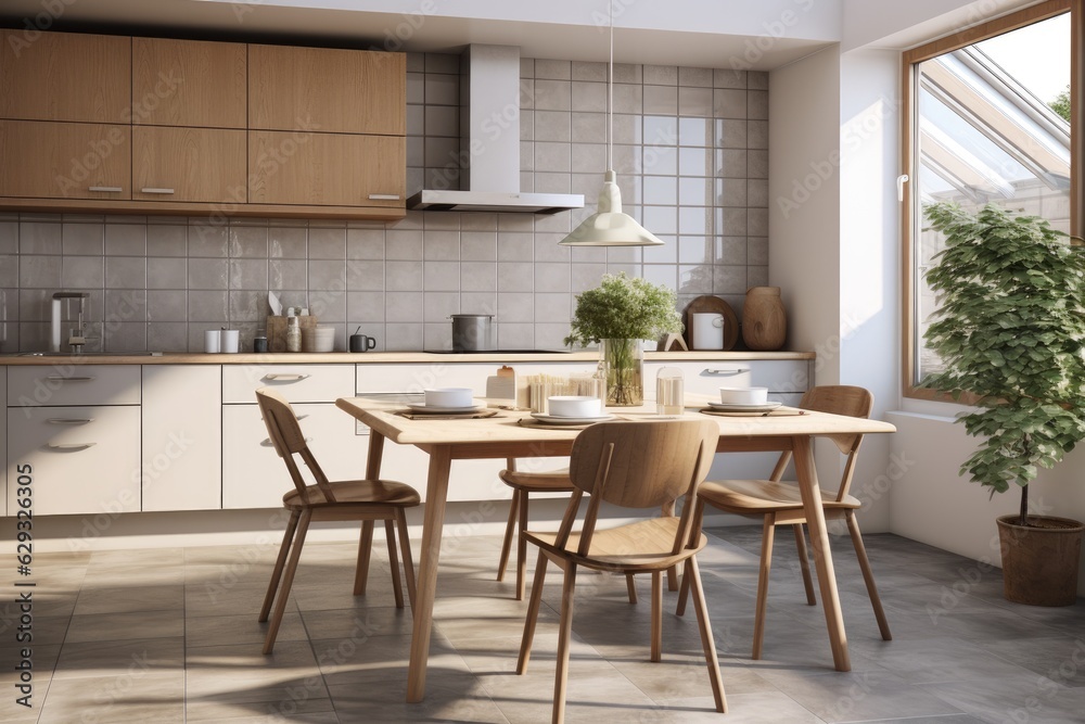 The kitchen features contemporary grey tiles and wooden furniture, along with a large window and plant that add a touch of Scandinavian style to the interior. The overall look of the home is cozy and