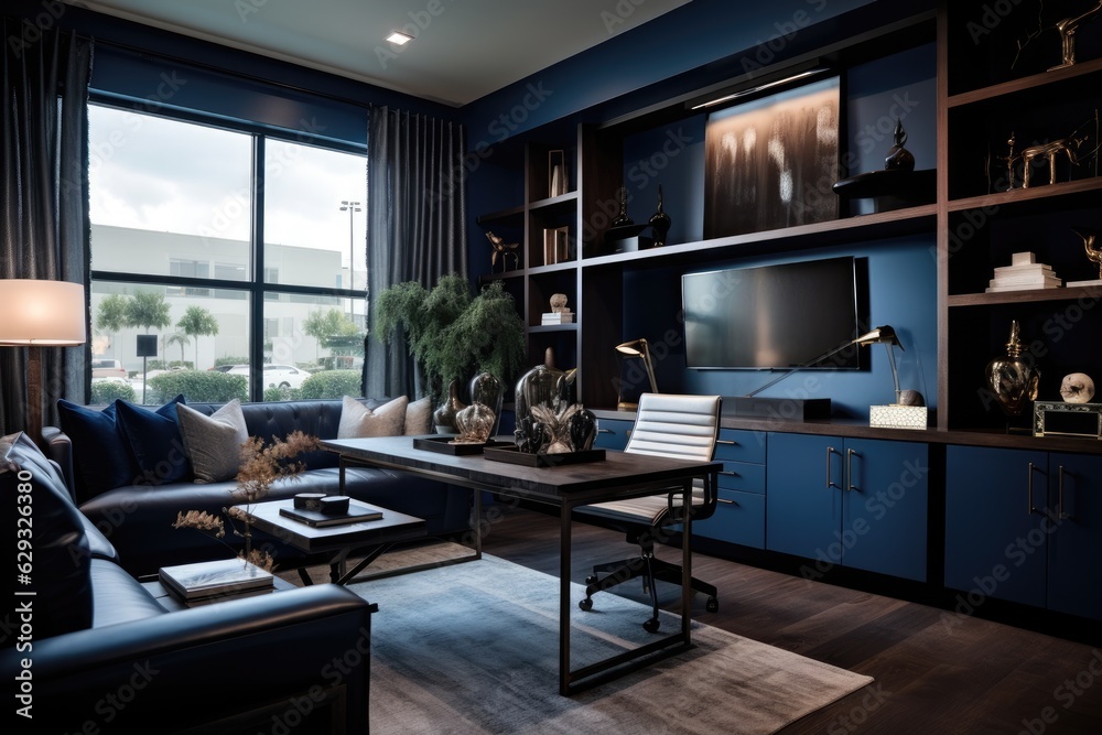 The interior design of a modern home office features a blue color scheme and is furnished with dark brown furniture. The interior design of a modern home office features a blue color scheme and is furnished with dark brown furniture.