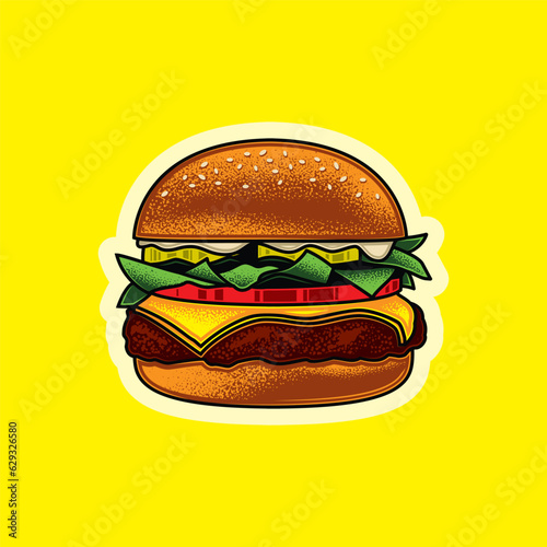 Original vector illustration of Burger with cutlet, tomatoes and greens in vintage style. T-shirt design, design element.