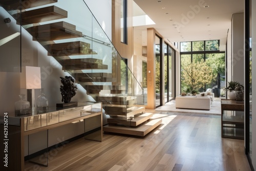The entry hall and foyer are designed with glass walls, featuring stairs, a console table, a bench, and a wooden door.