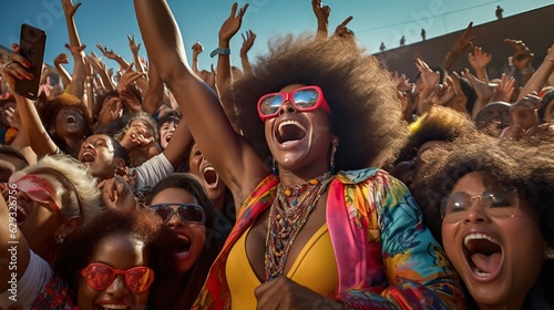 Fotografia African American woman with afro crowd surfing looking at camera, crowd of fans