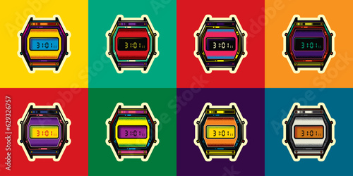 Original vector illustration in vintage style. Old electronic wristwatch with alarm clock and flashlight in retro style. T-shirt design. A design element.