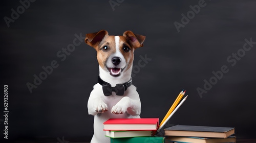 Smart jack russell terrier puppy holds books and points away on empty black chalkboard © Prasanth
