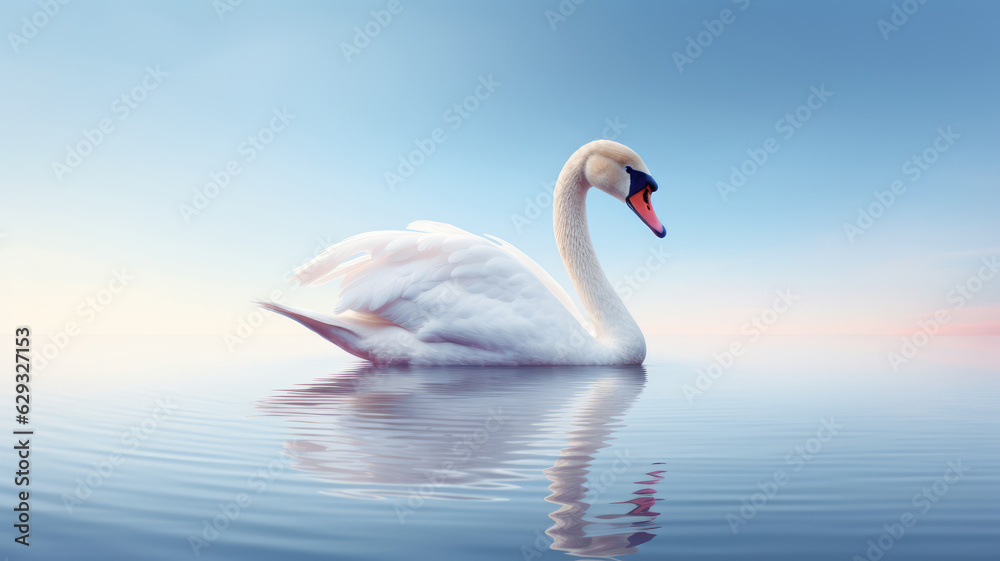 Fototapeta premium Advertising portrait, banner, swimming beautiful white swan and a reflection, isolated on light blue background. High quality illustration