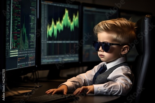 small child boy sitting in boss chair like businessman, crypto and stock charts own background, business investor concept, generative AI