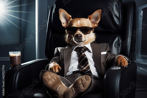 cute serious dog sitting in chair and sunglasses like a boss, businessman concept, generative AI