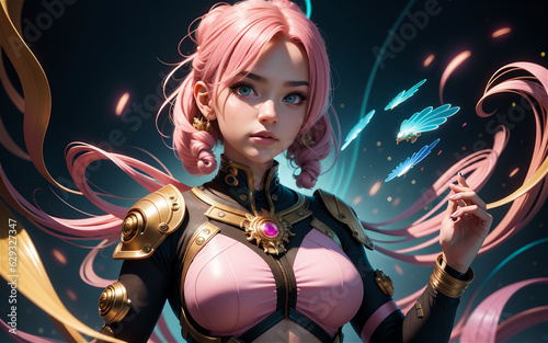 Chinese anime girl with cyberpunk futuristic style. Pink hair game character woman.
