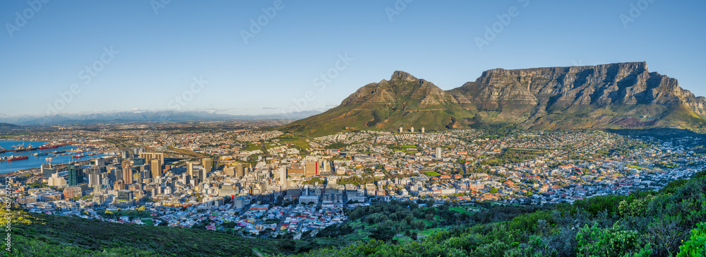 Panorama shot of Cape Town city and table mountain during sunset, Cape Town, South Africa