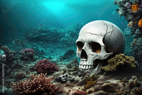 human skull at the bottom of the sea. generative ai