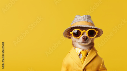 Advertising portrait  banner  cool looking chihuahua dog in glasses wearing funky fashion dress  isolated on yellow background. High quality illustration