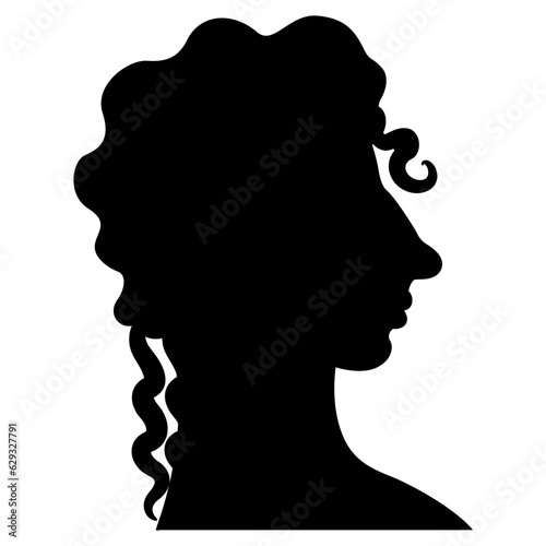 Head of Cretan Minoan girl. Female portrait in profile. Pretty woman or goddess. La Parisienne fresco from Knossos. Black silhouette on white background.