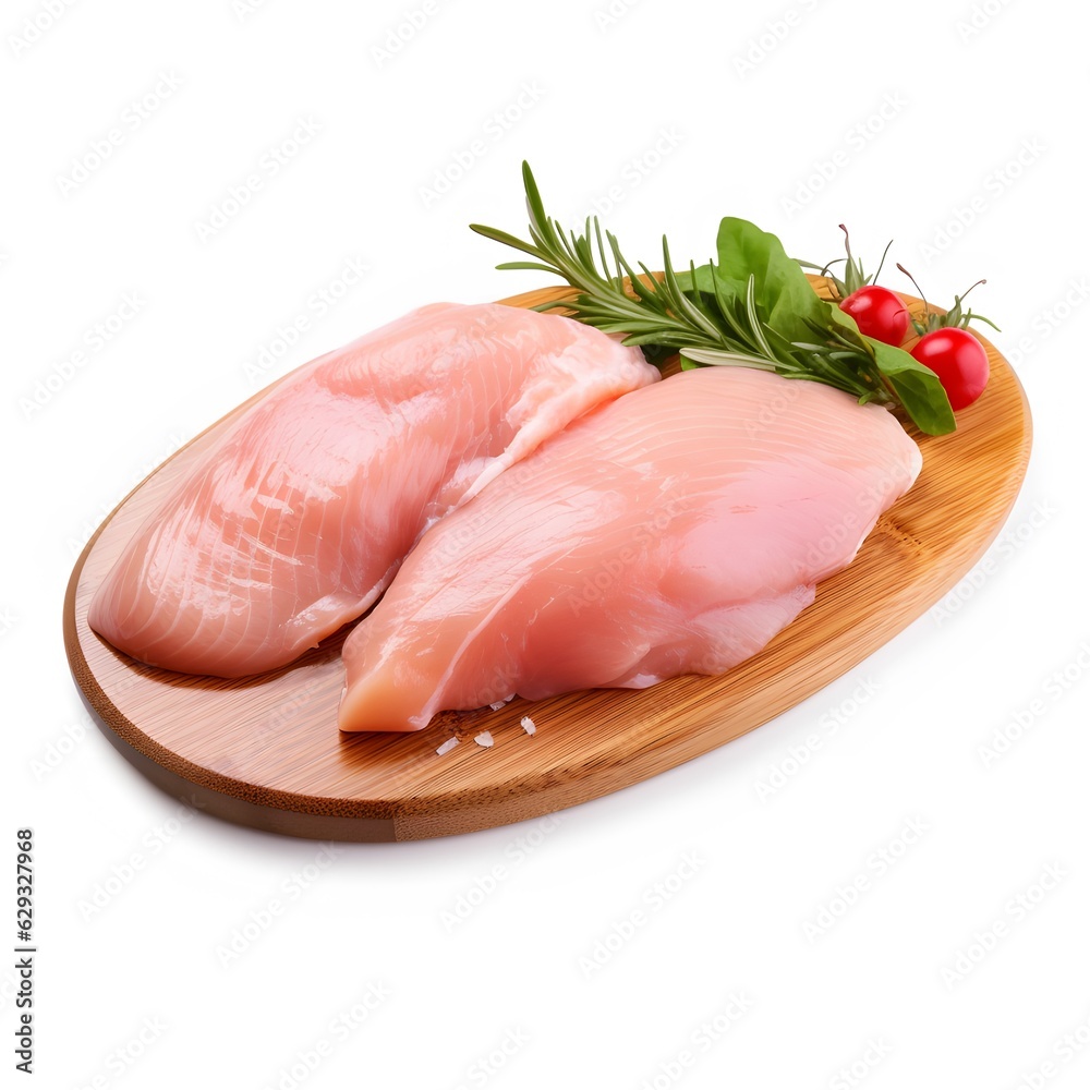Raw chicken breasts with herbs on wood isolated on white Raw chicken breasts with herbs on wood isolated on white