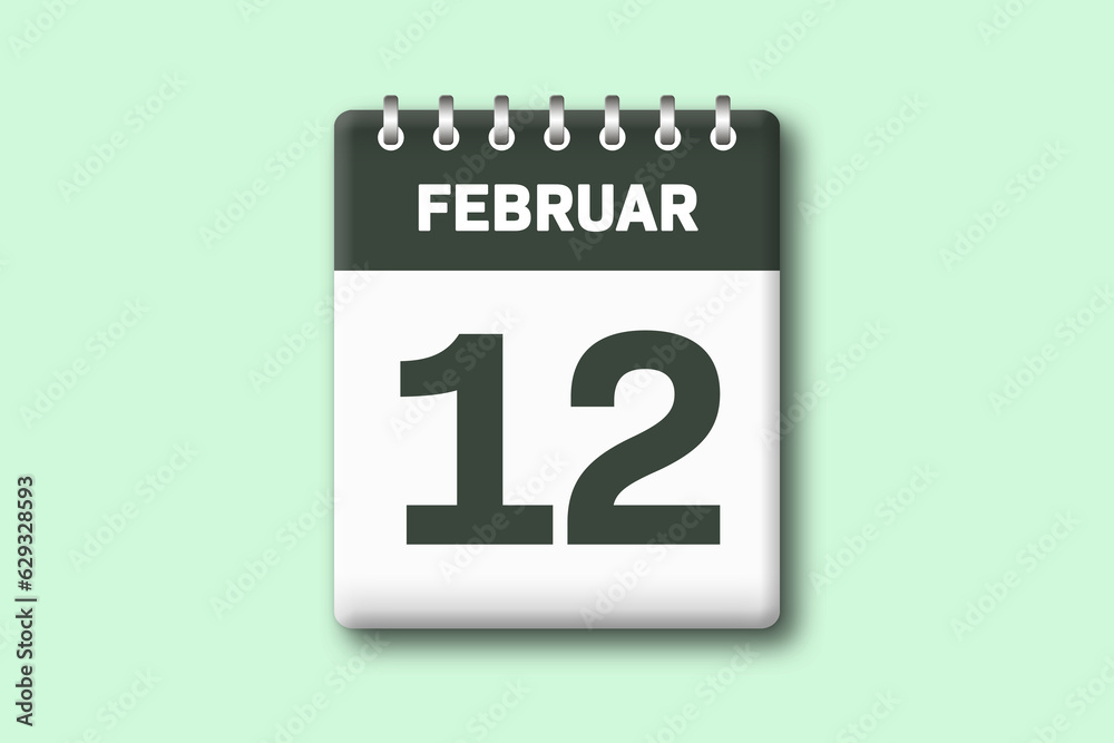 12. Februar - Die Kalender Illustration zeigt ein Kalenderblatt auf gr?nem Hintergrund. Zw?lfter Tag vom Monat Februar 12. Februar - Die Kalender Illustration zeigt ein Kalenderblatt auf gr?nem Hintergrund. Zw?lfter Tag vom Monat Februar