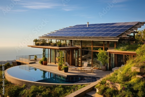 The houses rooftop is adorned with solar panels, underlined by the serene backdrop of a clear blue sky.