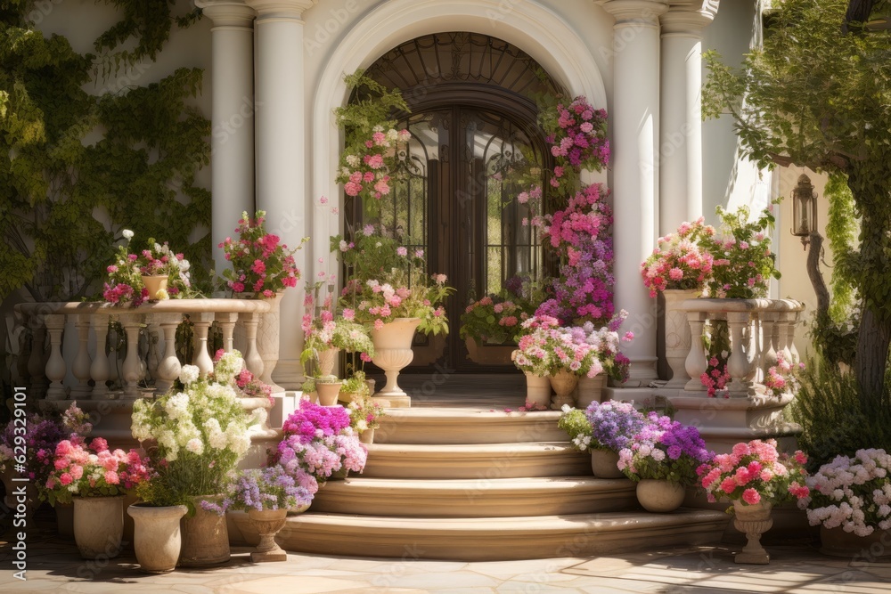 The entrance to the house is adorned with columns and accompanied by pots filled with vibrant floral arrangements. The entrance to the house is adorned with columns and accompanied by pots filled with vibrant floral arrangements.
